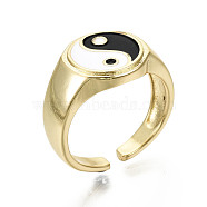 Brass Enamel Cuff Rings, Open Rings, Nickel Free, Gossip/Yin Yang, Black & White, Real 16K Gold Plated, Inner Diameter: 17mm(RJEW-S044-136-NF)