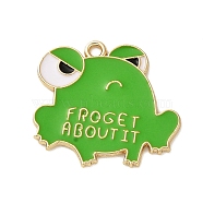 Zinc Alloy Enamel Pendants, Cadmium Free & Nickel Free & Lead Free, Gloden, Frog with Word Froget about it Charm, Lime Green, 23x24.5x1mm, Hole: 1.4mm(PALLOY-Q451-03G-01)