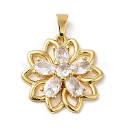 Rack Plating Brass Micro Pave Cubic Zirconia Pendants, Cadmium Free & Lead Free, Real 18K Gold Plated, Long-Lasting Plated, Flower, Clear, 23x22.5x5.5mm, Hole: 3x6mm(KK-P241-38G)