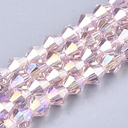 Electroplate Glass Beads Strands, AB Color Plated, Faceted, Bicone, Pearl Pink, 6x5.5~6mm, Hole: 1mm, about 47~48pcs/strand, 10.83 inch(27.5cm)(X-EGLA-Q118-6mm-B12)