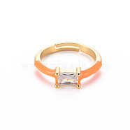 Brass Enamel Cuff Rings, Open Rings, with Clear Cubic Zirconia, Nickel Free, Rectangle, Golden, Dark Orange, US Size 7 1/4(17.5mm)(RJEW-T016-23H-NF)