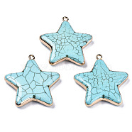Star Synthetic Turquoise Pendants, with Light Gold Plated Brass Edge and Loop, Dyed, 43x40~41x7mm, Hole: 2.5mm(G-N326-69A-01)
