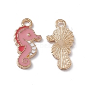 Alloy Enamel Pendants, Light Gold, Sea Horse Charm, Pink, 20x10x1.5mm, Hole: 2mm(ENAM-B049-09KCG)