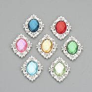 Alloy Rhinestone Flat Back Cabochons, with Acrylic Rhinestone, Oval, Silver Color Plated, Mixed Color, 32x25x4.5mm(X-RB-S061-A)