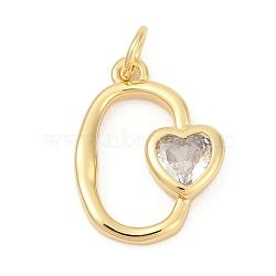 Brass Pave Cubic Zirconia Pendants, Oval with Heart Charms, Long-Lasting Plated, Lead Free & Cadmium Free, Rack Plating, Real 18K Gold Plated, with Jump Ring, Clear, 17x13x3mm, Hole: 3.3mm(KK-U062-46G-01)