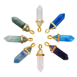 8Pcs 8 Style Natural Gemstone Pointed Pendants, with Random Alloy Pendant Hexagon Bead Cap Bails, Golden, Bullet, 37~40x12.5x10mm, Hole: 3x4.5mm, 1pc/style(G-SZ0001-16)