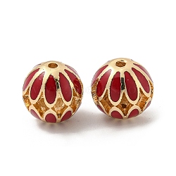 Golden Tone Alloy Enamel Beads, Round with Flower, Red, 14mm, Hole: 1.8mm(FIND-E044-07G)