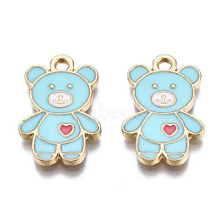 Alloy Pendants, with Enamel, Cadmium Free & Lead Free, Light Gold, Bear with Heart, Pale Turquoise, 19.5x13x1.5mm, Hole: 2mm(X-ENAM-S119-087B-RS)