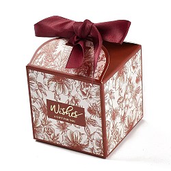 Wedding Theme Folding Gift Boxes, Square with Flower & Word Wishes A GIFT FOR YOU and Ribbon, for Candies Cookies Packaging, Dark Red, 7x7x8.3cm(CON-P014-01C)