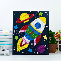 Creative DIY Rocket Pattern Resin Button Art, with Canvas Painting Paper and Wood Frame, Educational Craft Painting Sticky Toys for Kids, Colorful, 30x25x1.3cm(DIY-Z007-41)
