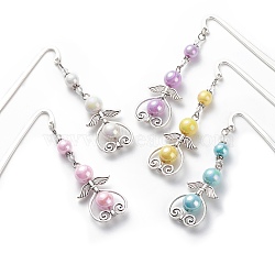 Angel Hook Bookmarks, AB Color Acrylic Round Beaded Bookmarks, Alloy Heart with Wing Pendants Book Marker, Mixed Color, 84mm(AJEW-JK00192)