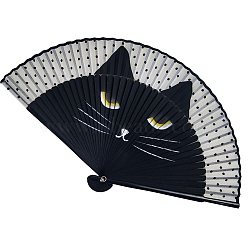 Cat Pattern Bamboo with Satin Folding Fan, for Party Wedding Dancing Decoration, Black, 210mm(WOCR-PW0005-01A-01)
