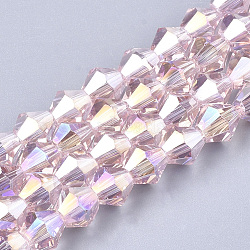 Electroplate Glass Beads Strands, AB Color Plated, Faceted, Bicone, Pearl Pink, 6x5.5~6mm, Hole: 1mm, about 47~48pcs/strand, 10.83 inch(27.5cm)(X-EGLA-Q118-6mm-B12)