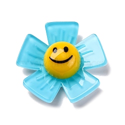 Resin Cabochons, with Acrylic, Flower with Smiling Face , Deep Sky Blue, 33.5x34.5x10mm(OACR-Q055-04D)