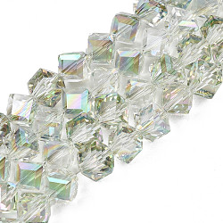 Electroplate Transparent Glass Beads Strands, Faceted, Diagonal Cube Beads, Light Green, 8.5x9.5x9.5mm, Hole: 1.5mm, about 70pcs/strand, 22.05 inch(56cm)(EGLA-N002-29-C03)