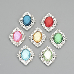 Alloy Rhinestone Flat Back Cabochons, with Acrylic Rhinestone, Oval, Silver Color Plated, Mixed Color, 32x25x4.5mm(X-RB-S061-A)