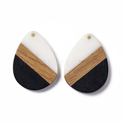 Opaque Resin & Walnut Wood Pendants, Water Drop Charms, Black, 35.5x26x3.5mm, Hole: 2mm(RESI-M027-04B)