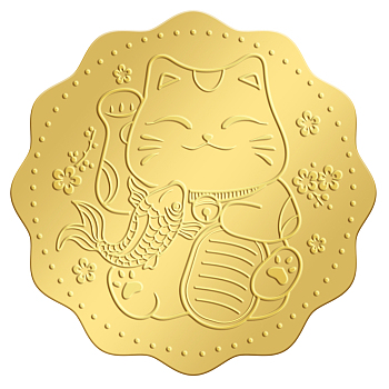 Self Adhesive Gold Foil Embossed Stickers, Medal Decoration Sticker, Maneki Neko, 5x5cm, 4pcs/sheet