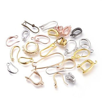Brass Earring Hooks, with Horizontal Loop, Mixed Style, Mixed Color, 13~36x7~13x1~5mm, Hole: 1~2mm