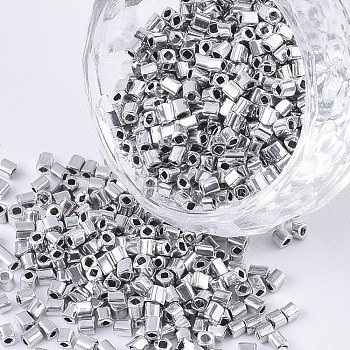 Electroplate 12/0 Glass Seed Beads, Square Hole, Cube, Silver, 2~6x2x2mm, Hole: 0.8mm, about 30000pcs/bag