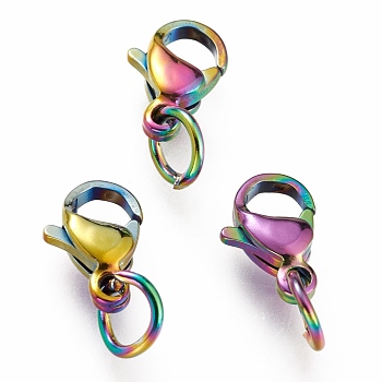 Ion Plating(IP) 304 Stainless Steel Lobster Claw Clasps, With Jump Ring, Rainbow Color, 9x5.5x3.5mm, Hole: 3mm, Jump Ring: 5x0.6mm