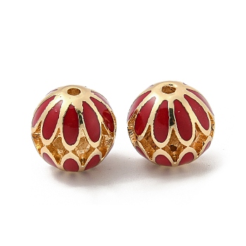 Golden Tone Alloy Enamel Beads, Round with Flower, Red, 14mm, Hole: 1.8mm