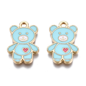 Alloy Pendants, with Enamel, Cadmium Free & Lead Free, Light Gold, Bear with Heart, Pale Turquoise, 19.5x13x1.5mm, Hole: 2mm