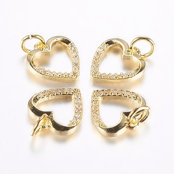 Long-Lasting Plated Brass Micro Pave Cubic Zirconia Charms, Hollow Heart, Real 18K Gold Plated, 11.5x11x2mm, Hole: 3mm