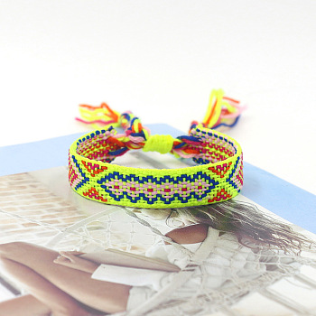 Polyester Braided Rhombus Pattern Cord Bracelet, Ethnic Tribal Adjustable Brazilian Bracelet for Women, Yellow Green, 5-7/8 inch(15cm)