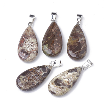 Natural Flower Agate Pendants, with Iron Snap On Bails, teardrop, Platinum, 33~35x15~16x6~7mm, Hole: 4x6mm