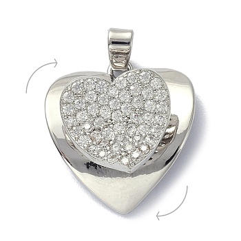 Brass Micro Pave Clear Cubic Zirconia Pendants, Rotatable, Heart, Platinum, 18x17x10mm, Hole: 4.5x2.5mm