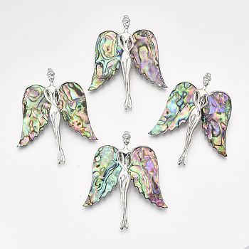 Abalone Shell/Paua Shell Brooches/Pendants, with Alloy Findings and Resin Bottom, Angel, Platinum, Colorful, 64x54x14mm, Hole: 8x4mm, Pin: 0.6mm