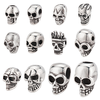 Elite 12Pcs 12 Style 
Stainless Steel Beads, Skull, Antique Silver, 10.5~20x7~13.5x7~13mm, Hole: 1.6~6mm, 1pc/style