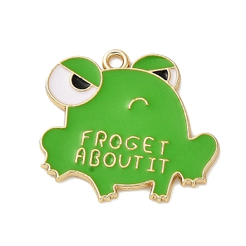 Zinc Alloy Enamel Pendants, Cadmium Free & Nickel Free & Lead Free, Gloden, Frog with Word Froget about it Charm, Lime Green, 23x24.5x1mm, Hole: 1.4mm