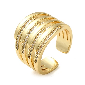 Brass Micro Pave Cubic Zirconia Open Cuff Ring, Hollow Wide Finger Ring, Real 16K Gold Plated, Inner Diameter: 18mm