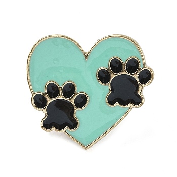 Enamel Pins, Golden Alloy Brooches, for Backpack Clothes, Heart with Paw Print, Turquoise, 24x27x2mm