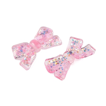 Cute Transparent Resin Decoden Cabochons, Polka Dot Bowknot with Glitter Powder, Pearl Pink, 32x18.5x6mm