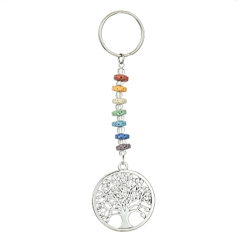 Chakra Natural Lava Rock & Alloy Tree of Life Pendant Keychain, with Iron Split Key Rings, Antique Silver, 11.9cm