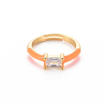 Brass Enamel Cuff Rings, Open Rings, with Clear Cubic Zirconia, Nickel Free, Rectangle, Golden, Dark Orange, US Size 7 1/4(17.5mm)