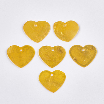 Spray Painted Capiz Shell Pendants, Heart, Yellow, 21.5~22x25x1mm, Hole: 1.5mm