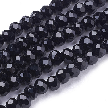Faceted(32 Facets) Round Glass Beads Strands, Black, 4mm, Hole: 1mm, about 98pcs/strand, 13.7 inch
