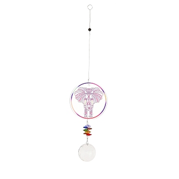 Glass Round Window Hanging Suncatchers, with Acrylic Elephant Meditation Home Outdoor Garden Ornaments, Elephant, 390mm