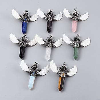 Mixed Gemstone Big Pendants, with Antique Silver Findings, Merkaba Star & Bullet & Wing, 90x84x24mm, Hole: 5mm