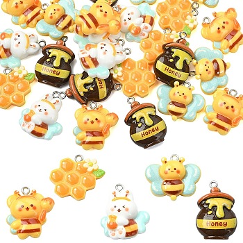 25Pcs 5 Styles Opaque Resin Pendants, with Platinum Tone Iron Loops, Bee & Honeycomb & Honey Pot, Mixed Color, 23~28x19~25mm, 5pcs/style 