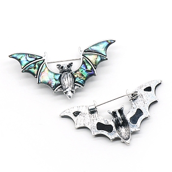 Halloween Bat Alloy Pave Natural Paua Shell Brooch, Platinum, Colorful, 32x65mm