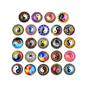 Glass Cabochons, Half Round with Yin Yang Pattern, Mixed Color, 25x7.5mm, 24pcs/set