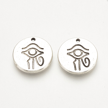 Tibetan Style Alloy Charms, Flat Round with Egyptian Eye of Horus, Cadmium Free & Lead Free, Antique Silver, 15x2mm, Hole: 1mm