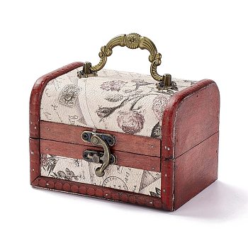 Vintage Wooden Jewelry Box, Pu Leather Decorative Treasure Chest Boxes, with Carry Handle and Latch, Rectangle with Stamp Pattern, Linen, 11.9x9.05x9cm