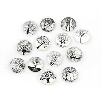 Glass Cabochons, For DIY Projects, Half Round/Dome with Tree Pattern, Mixed Color, 25x6mm