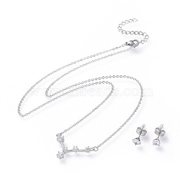 304 Stainless Steel Jewelry Sets, Brass Micro Pave Cubic Zirconia Pendant Necklaces and 304 Stainless Steel Stud Earrings, with Ear Nuts/Earring Back, Twelve Constellations, Clear, Cancer, 465x1.5mm(X-SJEW-F211-01G-P)
